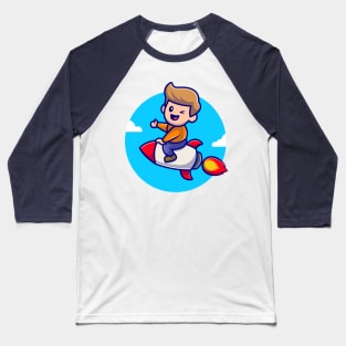 Cute Boy Riding Rocket Cartoon Illustration Baseball T-Shirt